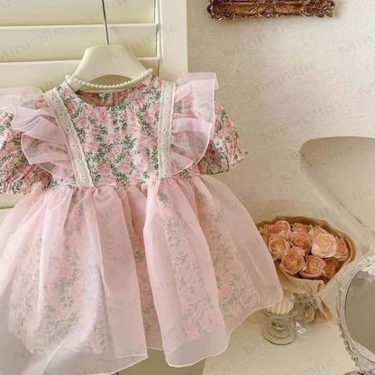 Baby Toddler Girl Pink Flower Flying Sleeves Dress - image 4