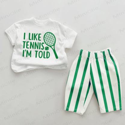 I LIKE TENNIS I'M TOLD Baby Baseball Green Vertical Striped 2-piece Set - White&Green - 2-3T - image 1