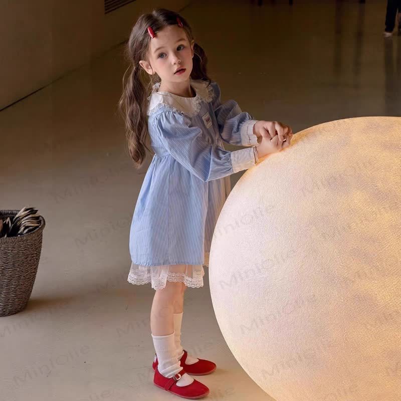 SUPER Toddler Kid Girl Blue Stripe Lace Dress - image 4