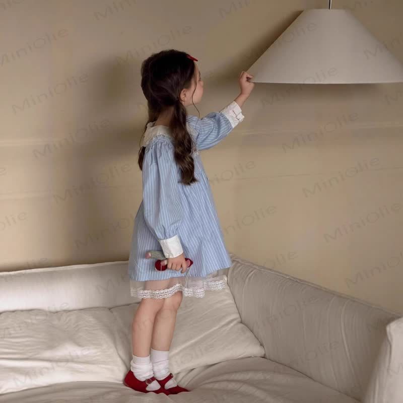 SUPER Toddler Kid Girl Blue Stripe Lace Dress - image 2