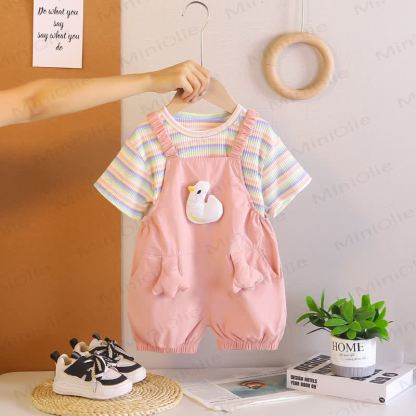 Toddler 2-Piece Duck Striped Overalls Set - Pink - 5-7T - image 4