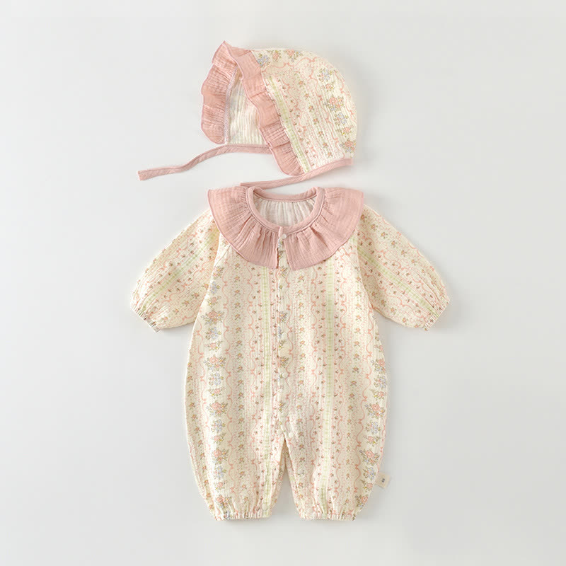 Baby Girl Floral Collar Romper with Hat - Beige - 18-24M - image 1