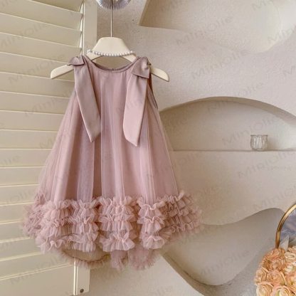 Toddler Kid Girl Bow Mesh Sleeveless Dress - Pink - 10Y - image 1