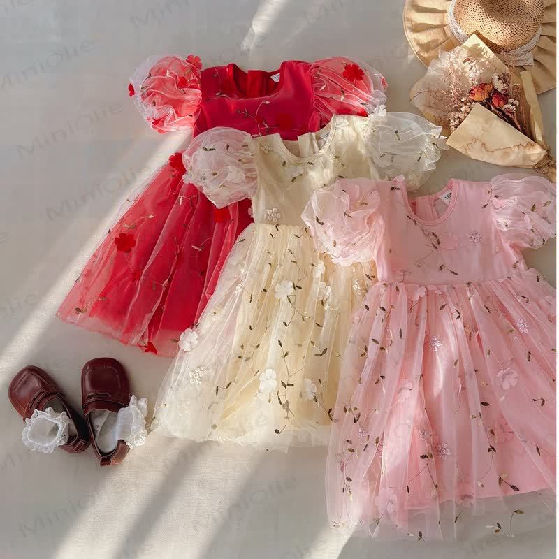 Baby Toddler Girl Flower Mesh Puff Sleeve Dress - image 1