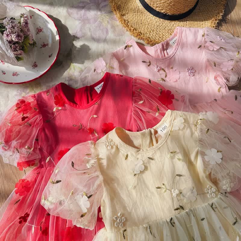 Baby Toddler Girl Flower Mesh Puff Sleeve Dress - image 3