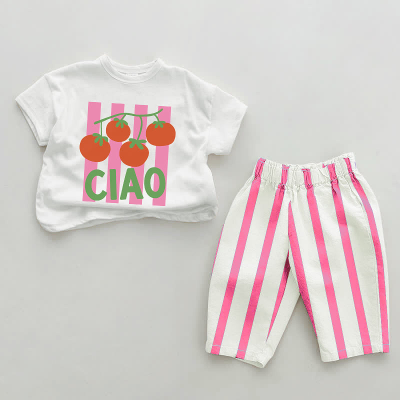 CIAO Baby Tomato Pink Vertical Striped 2-piece Set - White&Pink - 2-3T - image 1