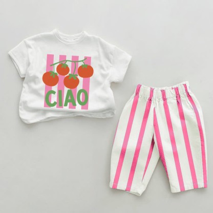 CIAO Baby Tomato Pink Vertical Striped 2-piece Set - White&Pink - 2-3T - image 1