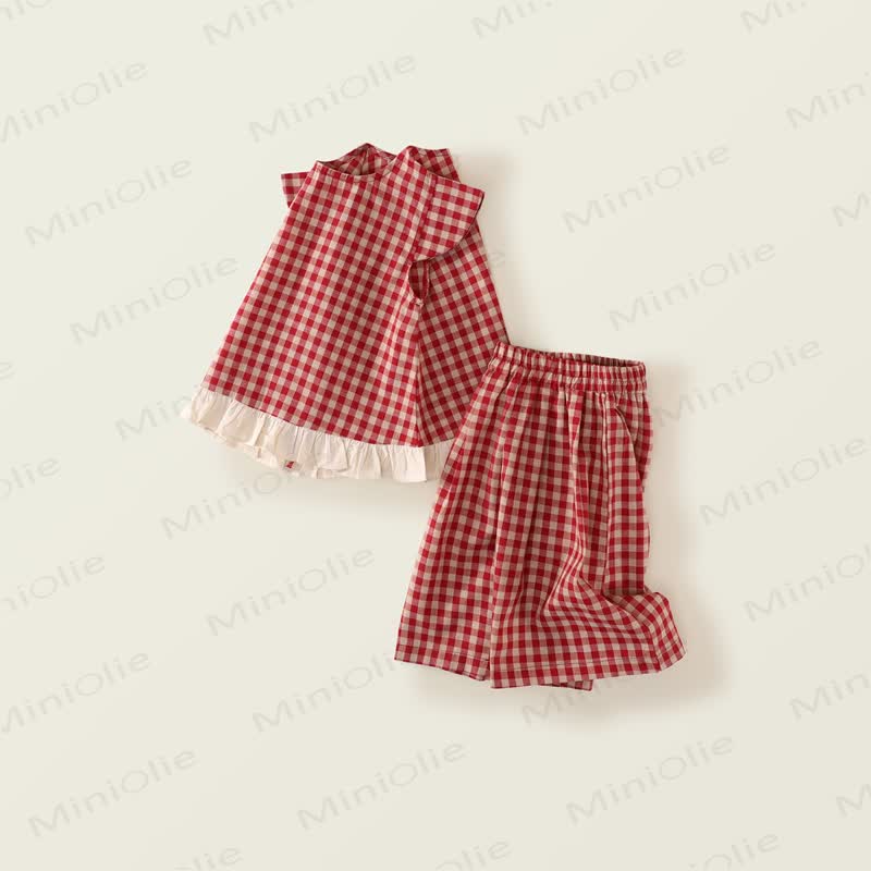 Toddler Kid Girl Plaid Flying Sleeves 2-piece Set - image 2