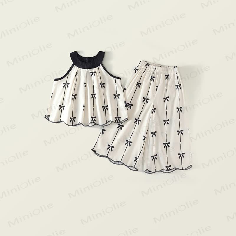 Toddler Kid Girl Bow Stripe 2-piece Set - Beige - 10Y - image 1