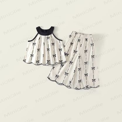 Toddler Kid Girl Bow Stripe 2-piece Set - Beige - 10Y - image 1