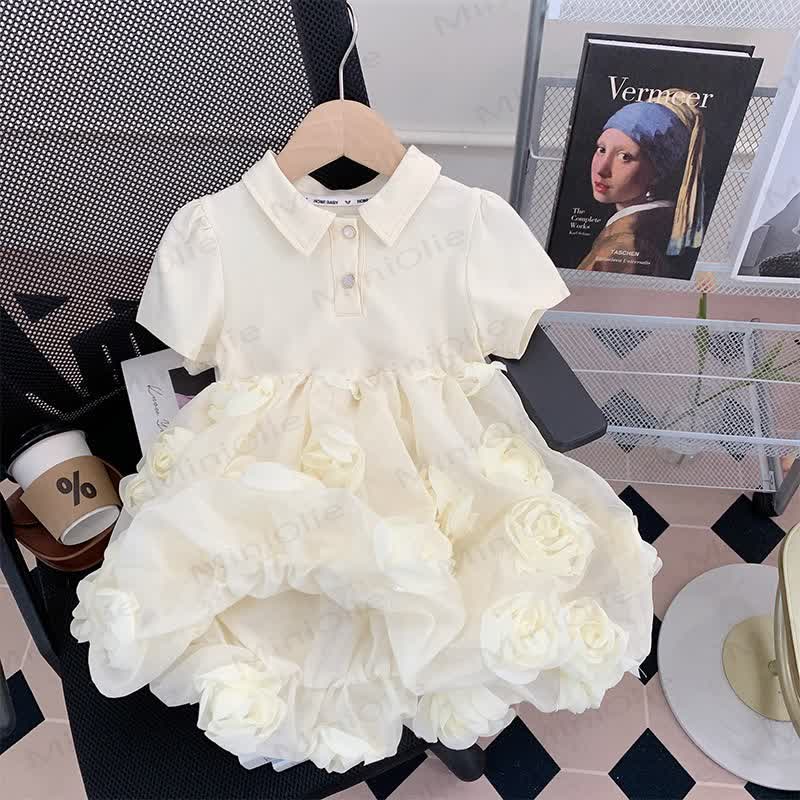 Toddler Kid Girl Flower Polo Collar Dress - Beige - 8Y - image 1