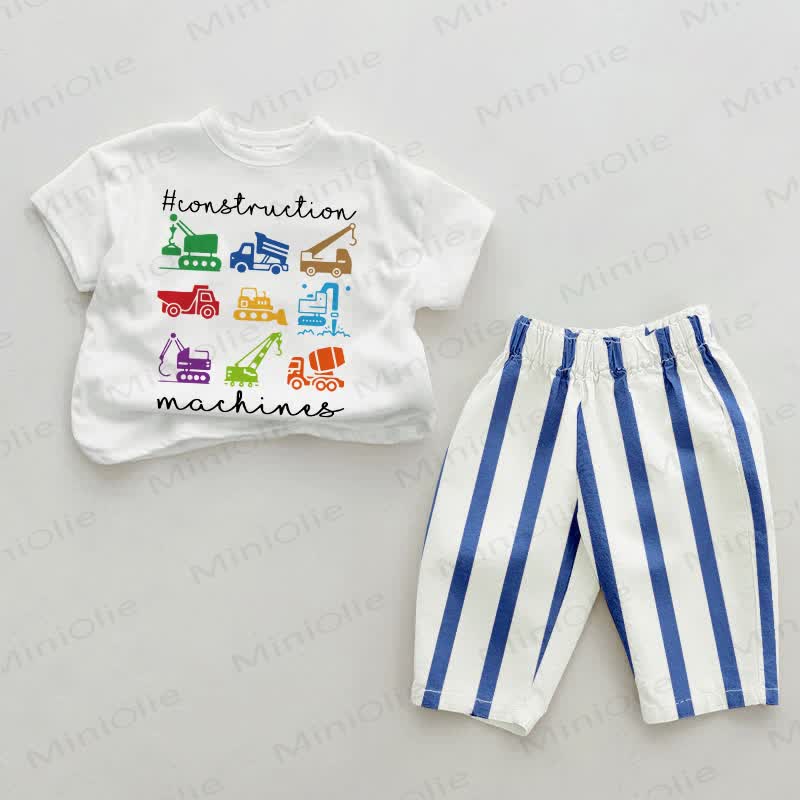CONSTRUCTION MACHINES Baby Blue Vertical Striped 2-piece Set - White&Blue - 2-3T - image 1
