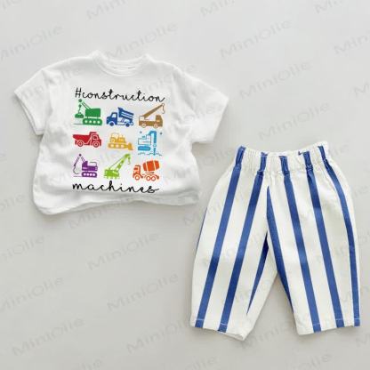 CONSTRUCTION MACHINES Baby Blue Vertical Striped 2-piece Set - White&Blue - 2-3T - image 1