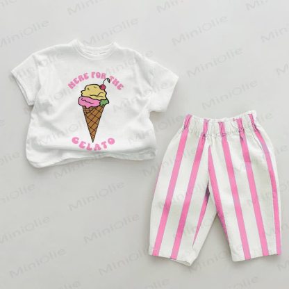HERE FOR THE GELATO Baby Pink Vertical Striped 2-piece Set - White&Pink - 2-3T - image 1