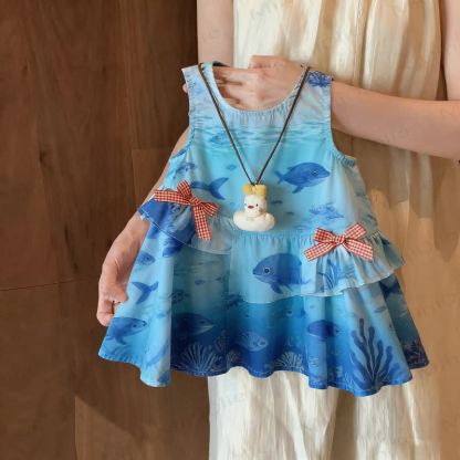 Toddler Girl Bows Sleeveless Dress - Blue Ocean World - 8Y - image 4
