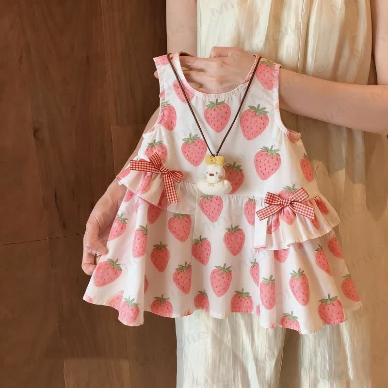 Toddler Girl Bows Sleeveless Dress - Beige Strawberry - 8Y - image 2