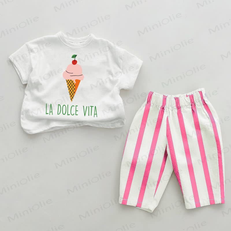 LA DOLCE VITA Baby Ice Cream Pink Vertical Striped 2-piece Set - White&Pink - 2-3T - image 1