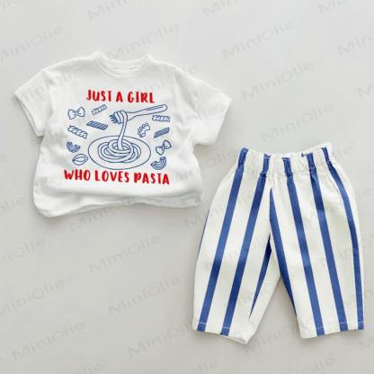 JUST A GIRL WHO LOVES PASTA Baby Blue Vertical Striped 2-piece Set - White&Blue - 2-3T - image 1