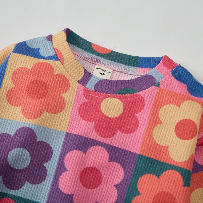 Baby Waffle Colorful Plaid Flower Sweatshirt 2-piece Pink Set - image 4