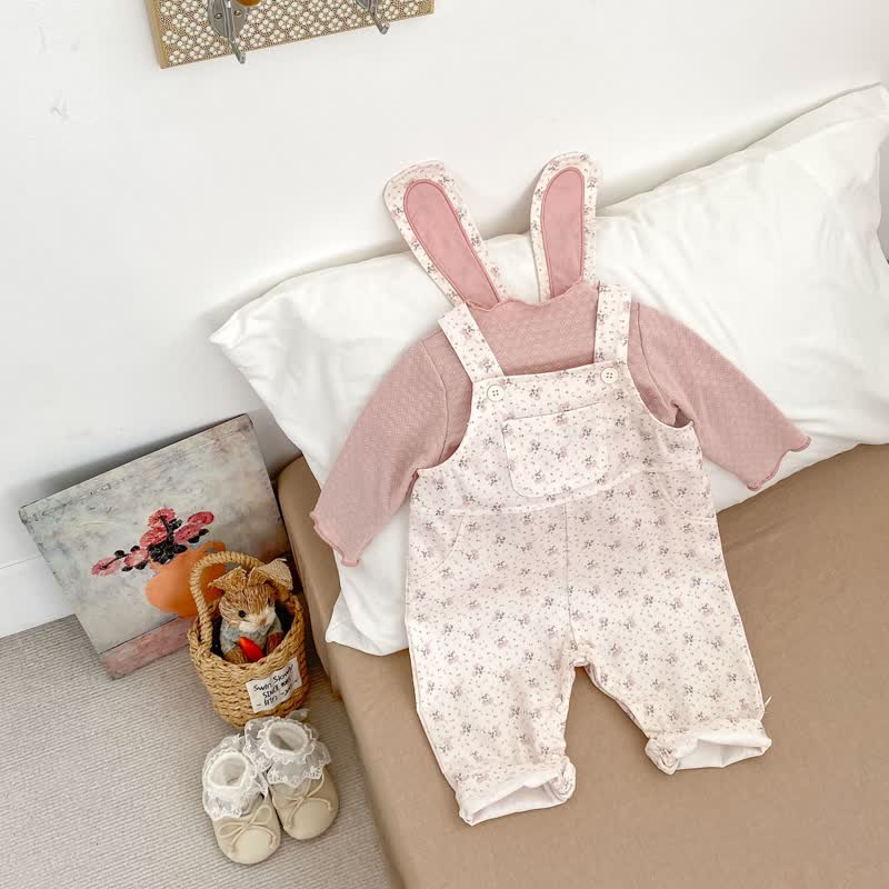 Baby Girl Flower Bunny Pink Overalls/Pink Top - image 1