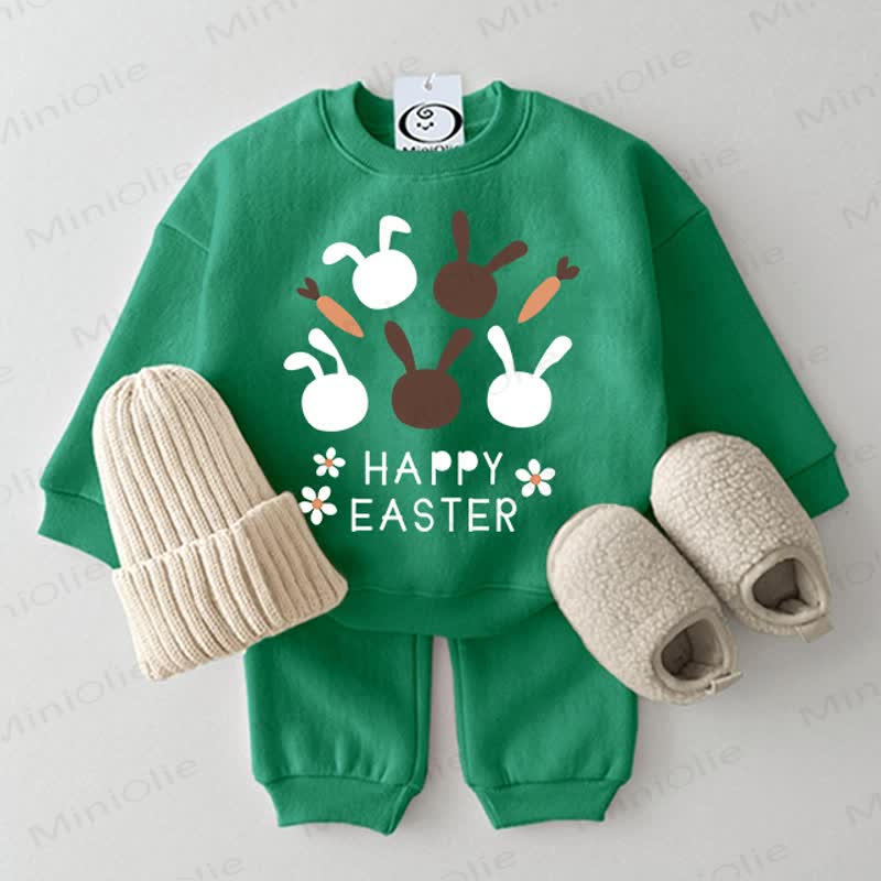 HAPPY EASTER Baby Bunny Flower Sweatshirt 2-piece Green Set - Green - 2-3T - image 1