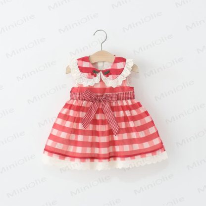 Baby Toddler Red Plaid Bow Cherry Dress  - Red Plaid - 5-7T - image 1