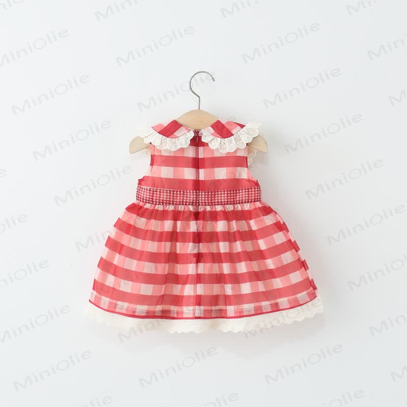 Baby Toddler Red Plaid Bow Cherry Dress  - image 2