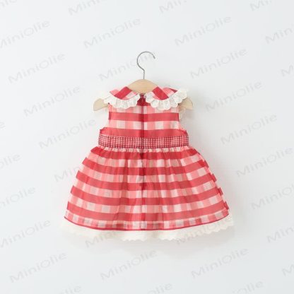 Baby Toddler Red Plaid Bow Cherry Dress  - image 2