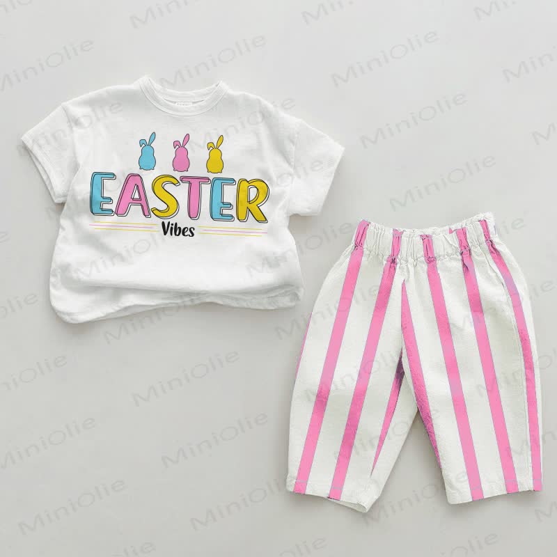EASTER VIBES Baby Bunny Pink Vertical Striped 2-piece Set - White&Pink - 2-3T - image 1