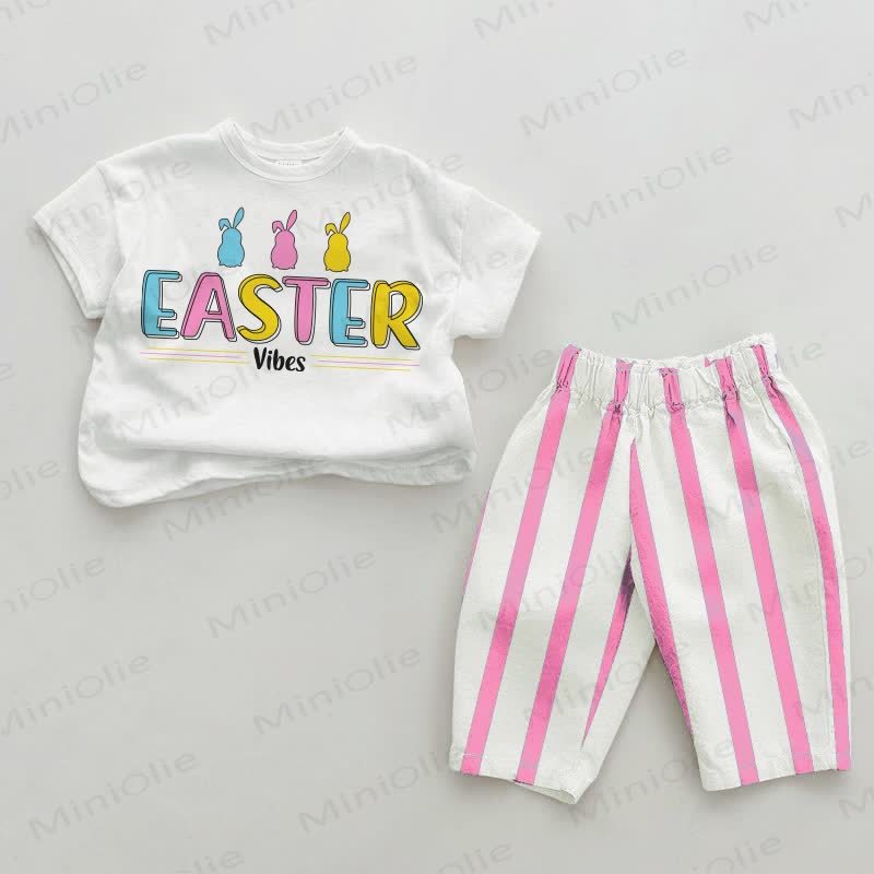 EASTER VIBES Baby Bunny Pink Vertical Striped 2-piece Set - White&Pink - 2-3T - image 1