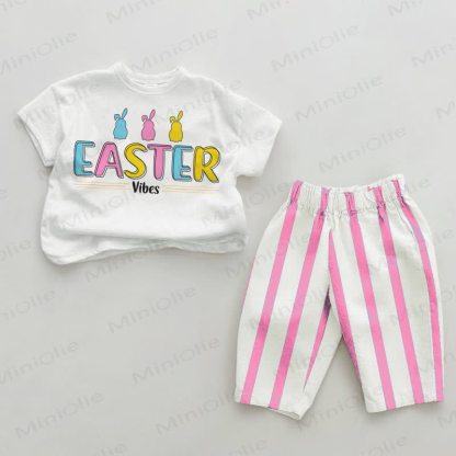 EASTER VIBES Baby Bunny Pink Vertical Striped 2-piece Set - White&Pink - 2-3T - image 1