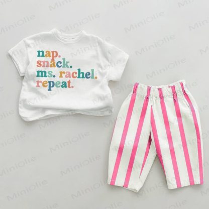 NAP. SNACK. MS. RACHEL. REPEAT. Baby Pink Vertical Striped 2-piece Set - White&Pink - 2-3T - image 1