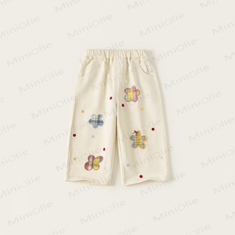 Toddler Kid Girl Denim Plaid Flower Pants - Beige - 10Y - image 2