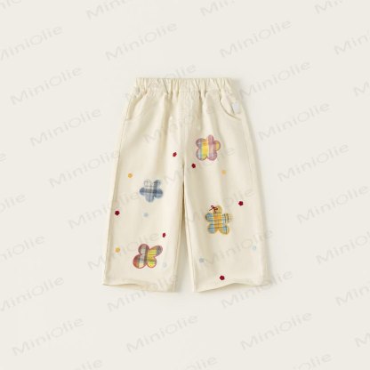 Toddler Kid Girl Denim Plaid Flower Pants - Beige - 10Y - image 2