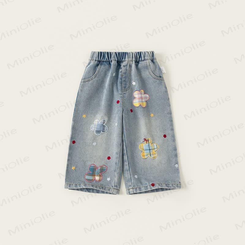 Toddler Kid Girl Denim Plaid Flower Pants - Blue - 10Y - image 1