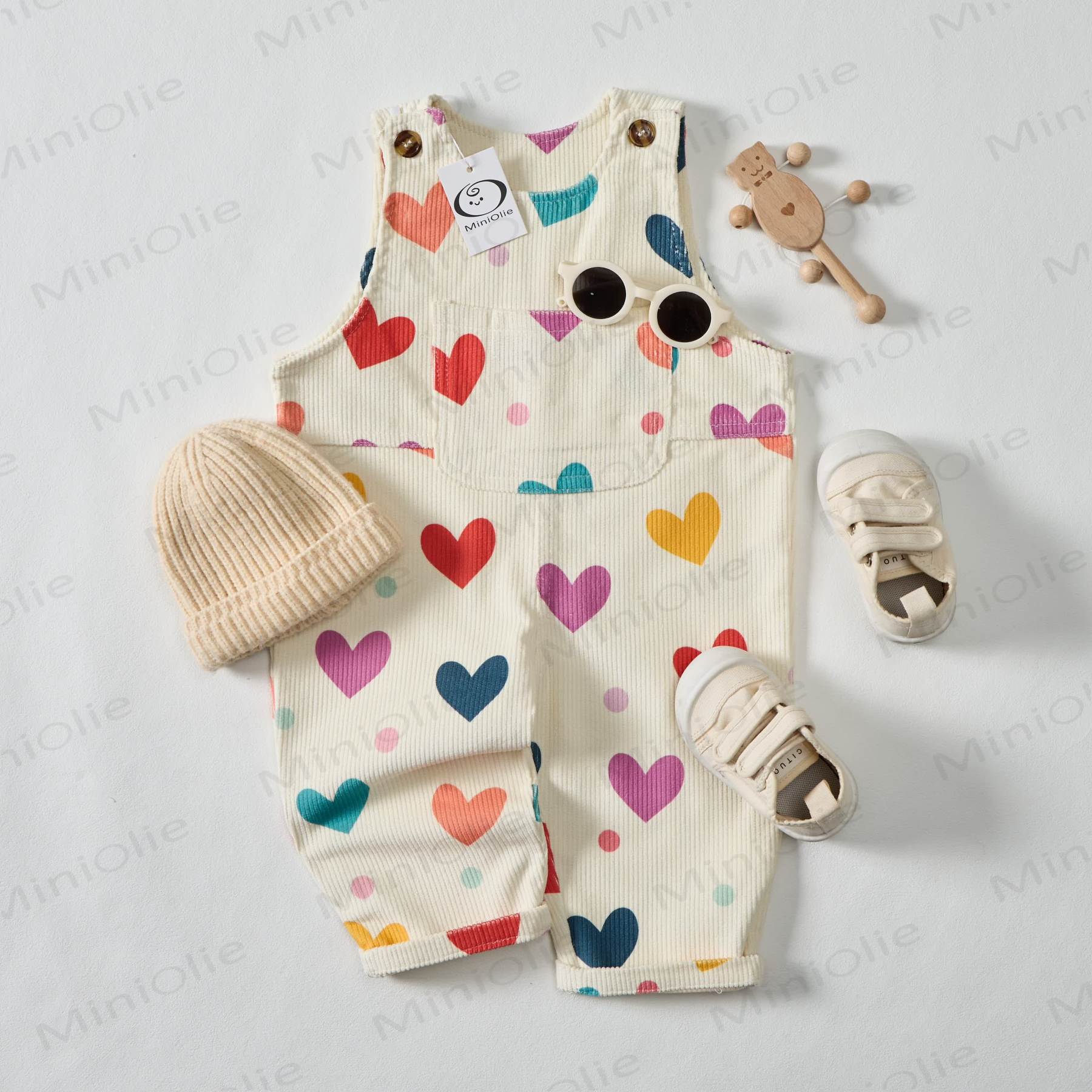 Baby Toddler Colorful Hearts & Polka Dots Beige Corduroy Overalls  - image 2