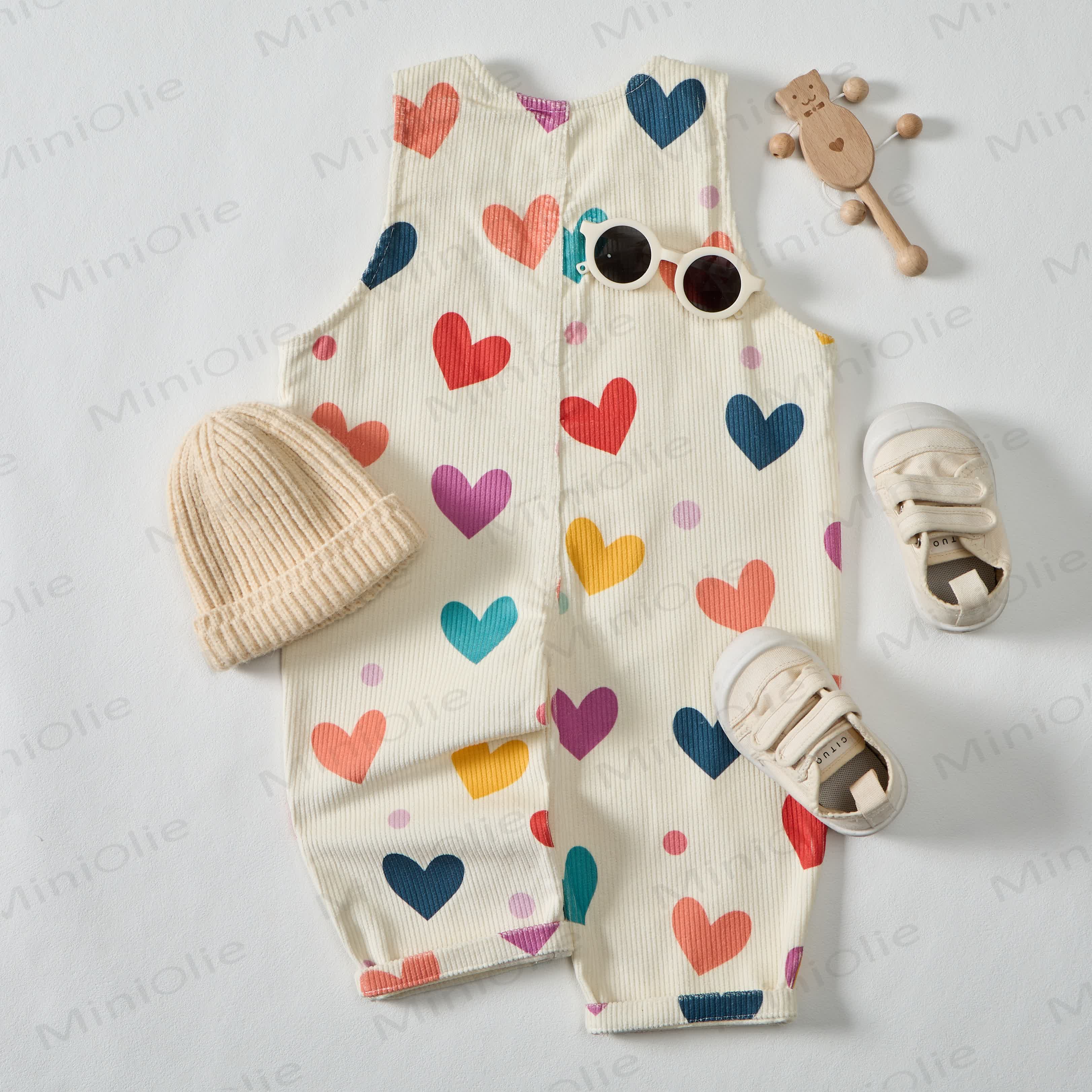 Baby Toddler Colorful Hearts & Polka Dots Beige Corduroy Overalls  - image 8