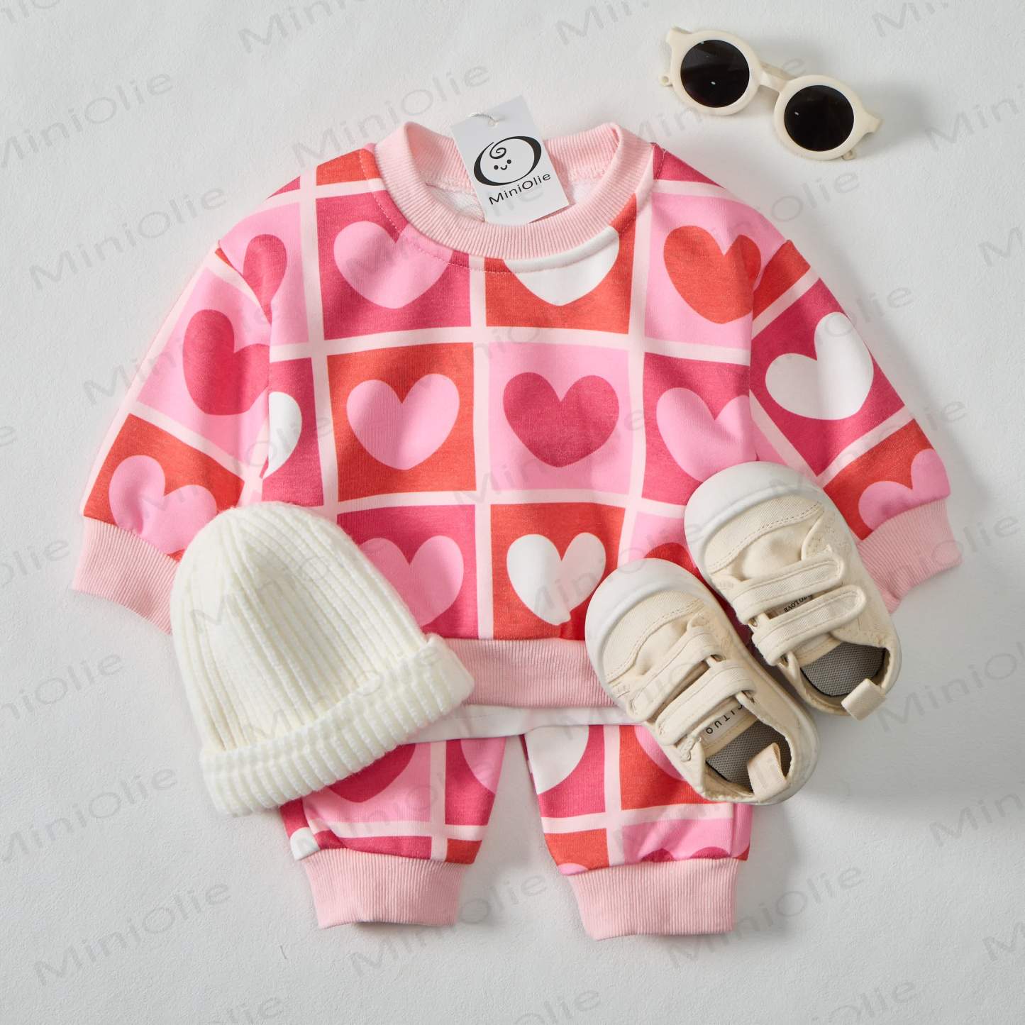 Baby Gradient Checkered Hearts Sweatshirt 2-piece Pink Set - image 2