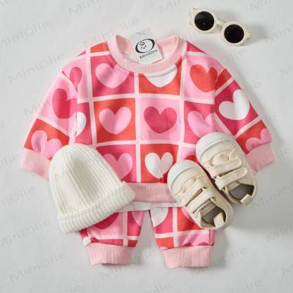 Baby Gradient Checkered Hearts Sweatshirt 2-piece Pink Set - image 2