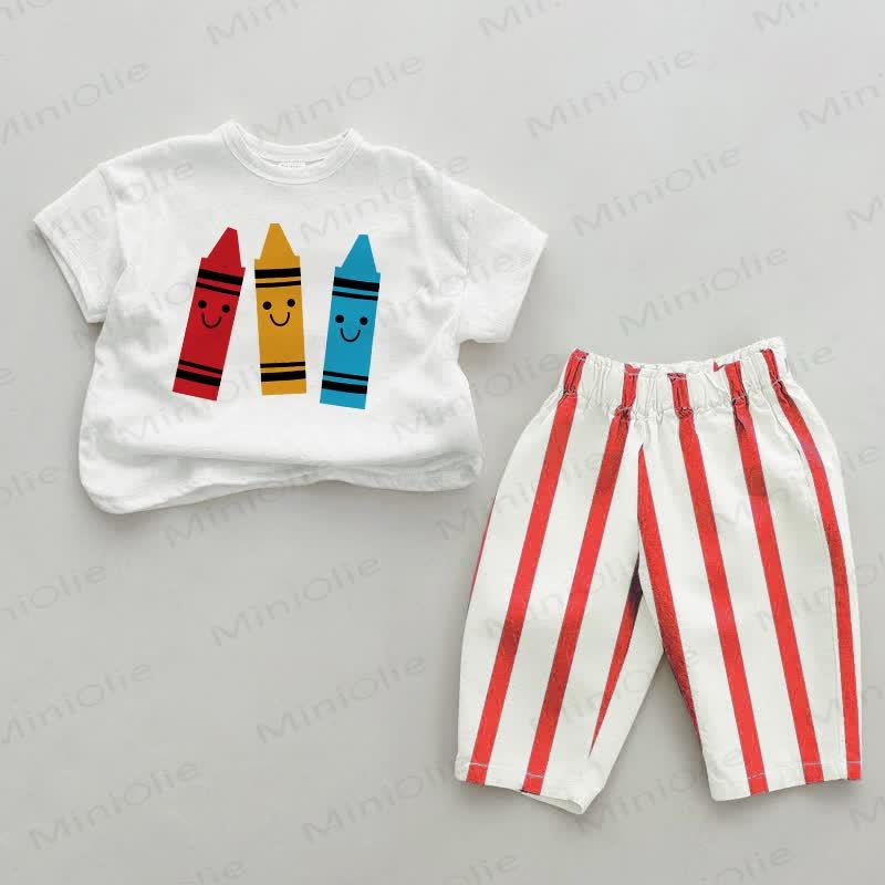 Baby Smiley Crayon Red Vertical Striped 2-piece Set - White&Red - 2-3T - image 1