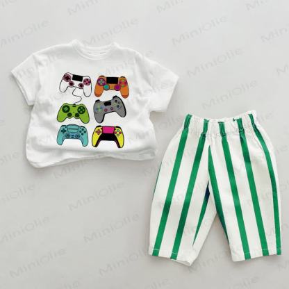 Baby Game Consoles Green Vertical Striped 2-piece Set - White&Green - 2-3T - image 1