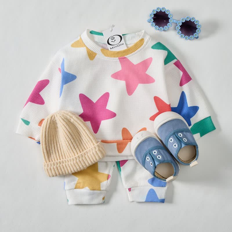 Baby Toddler Colorful Stars Waffle 2-piece Beige Set - image 2