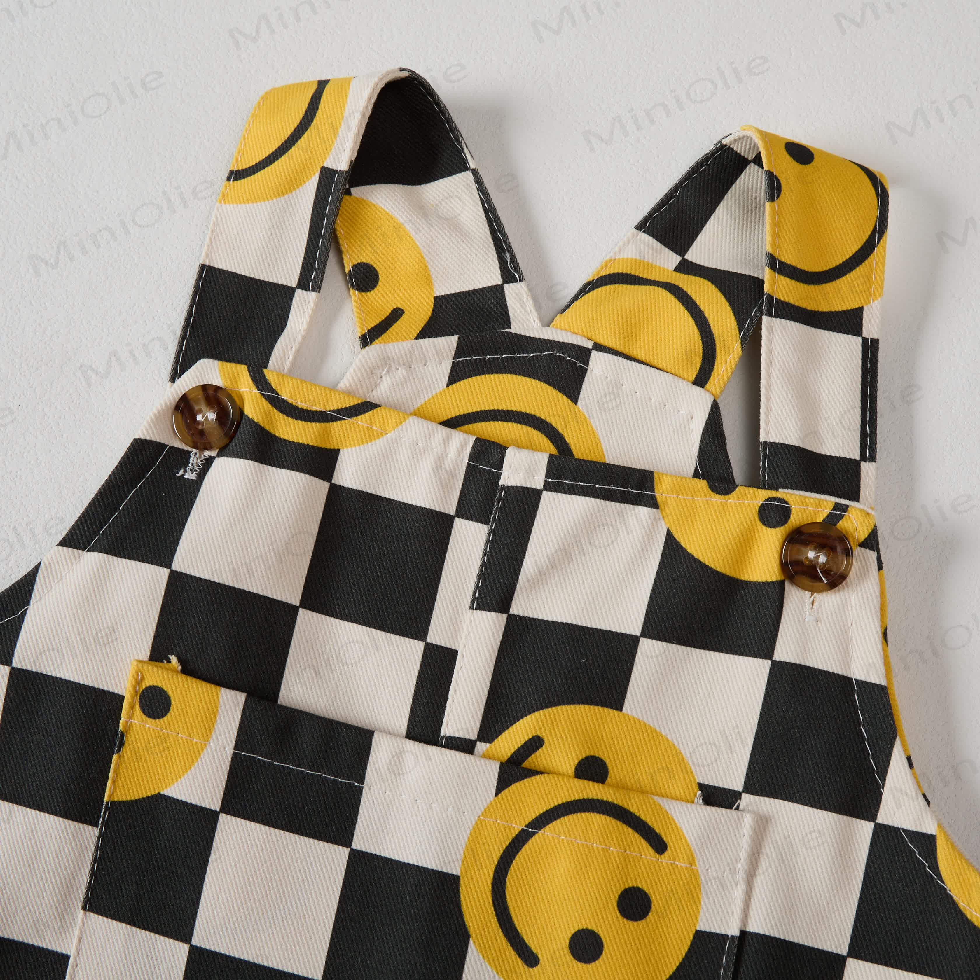 Baby Toddler Checkerboard Smiling Face White Overalls - image 2