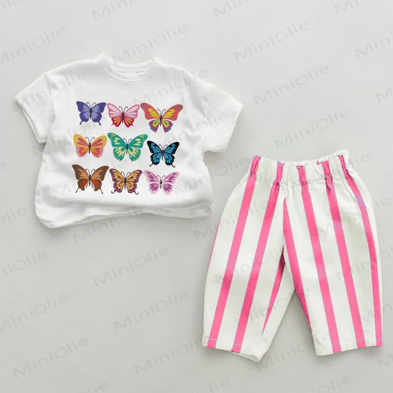 Baby Butterfly Pink Vertical Striped 2-piece Set - White&Pink - 2-3T - image 1