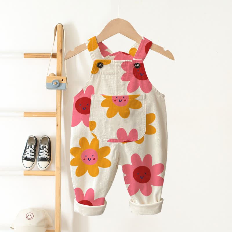 Baby Toddler Flower Smiley Overalls - Beige - 3-5T - image 1