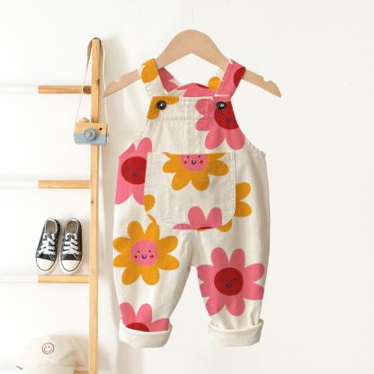 Baby Toddler Flower Smiley Overalls - Beige - 3-5T - image 1