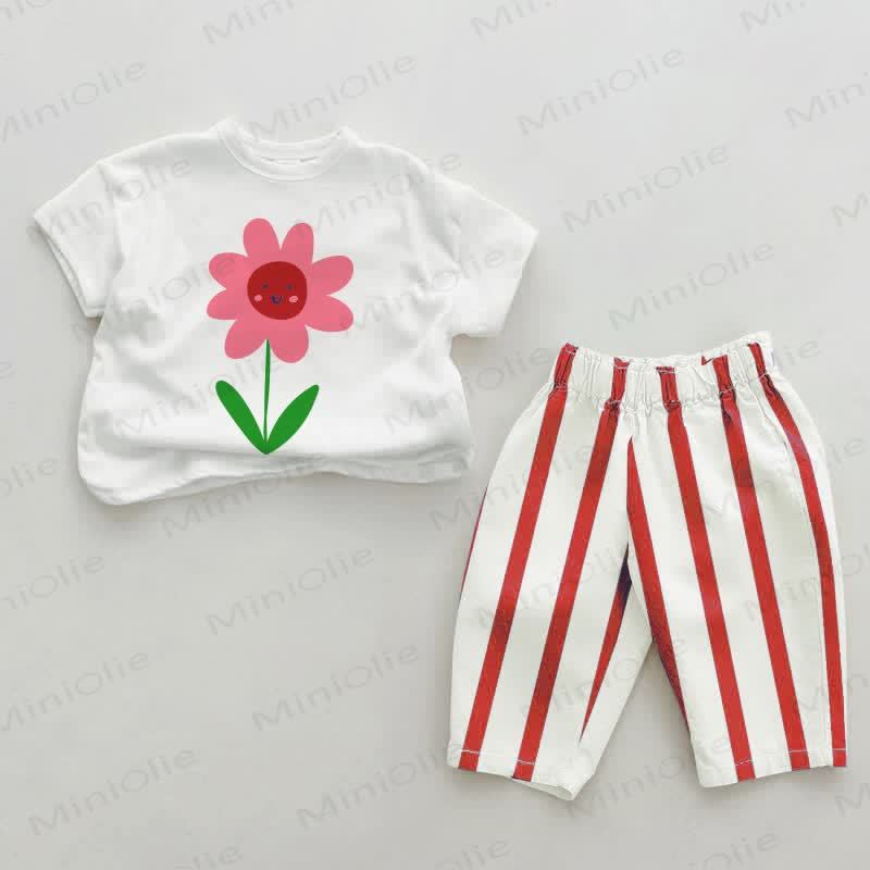 Baby Flower Red Vertical Striped 2-piece Set - White&Red - 2-3T - image 1