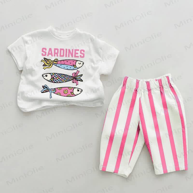 Baby Pink Sardines Vertical Striped 2-piece Set - White&Pink - 2-3T - image 1