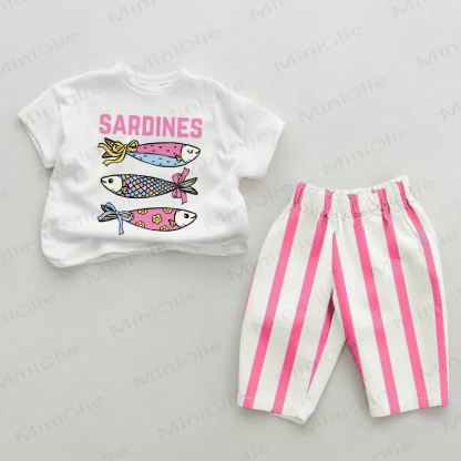Baby Pink Sardines Vertical Striped 2-piece Set - White&Pink - 2-3T - image 1