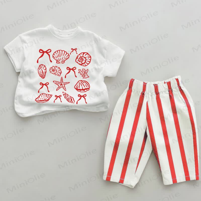 Baby Shells & Bownots Red Vertical Striped 2-piece Set - White&Red - 2-3T - image 1
